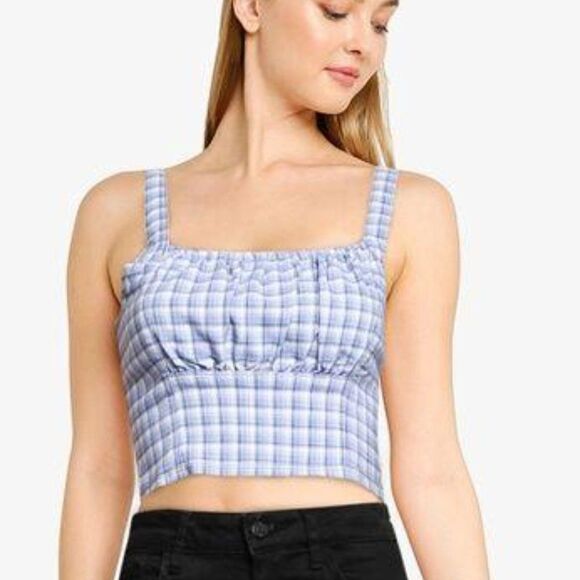 Hollister Advanced Stretch Blue Plaid Top sz L - Picture 1 of 5
